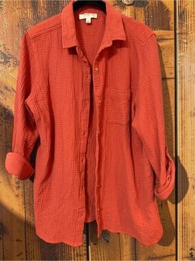 Anne Klein Jeans Lucile Gauze Shirt Terracotta Cotton Roll Tab Sz L